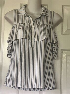 Naf Naf Off the Shoulder Denim Blue Vertical Striped Top JrMed/Xsm Women’s